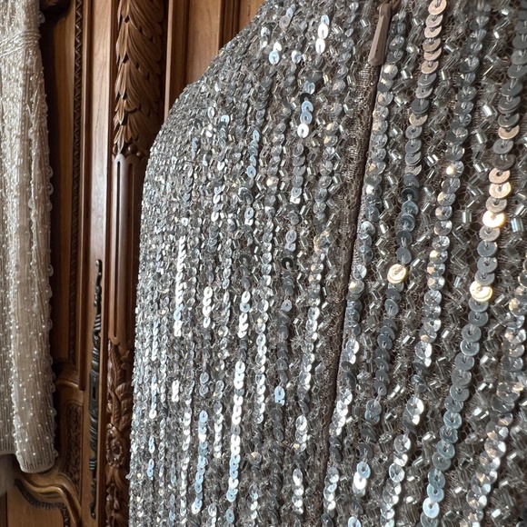 NWT Mac Duggal 93676 [20] Silver Beaded Lace Long Sleeve Midi Dress Cocktail - Picture 9 of 12